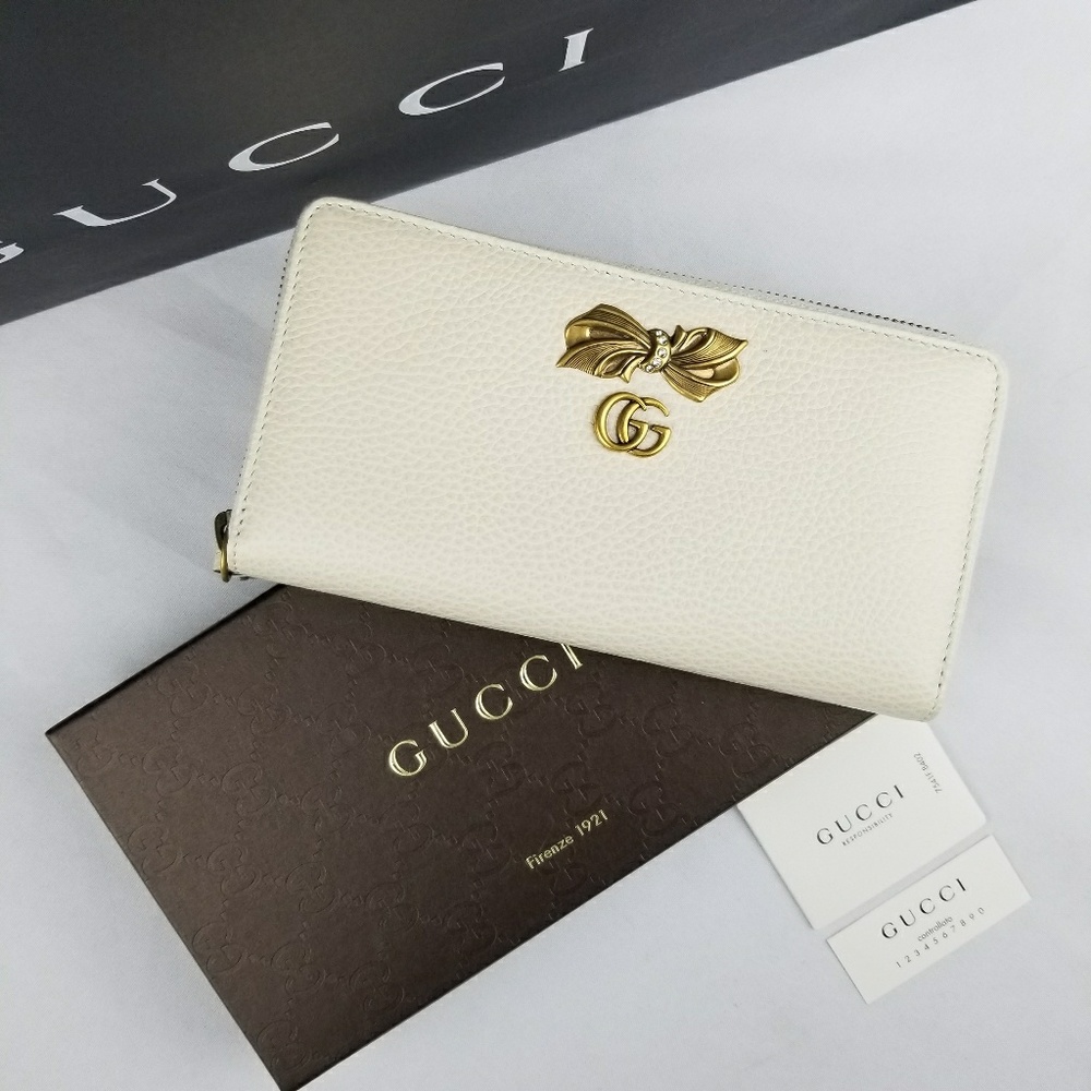 NWT Gucci Bow Leather Zip Around Wallet White/Gold
